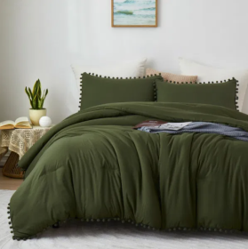 Boho Comforter Set, Boho Bedding set with Pom Poms Fringe Design, Olive Green