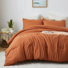 Boho Comforter Set, Boho Bedding set with Pom Poms Fringe Design, Burnt Orange